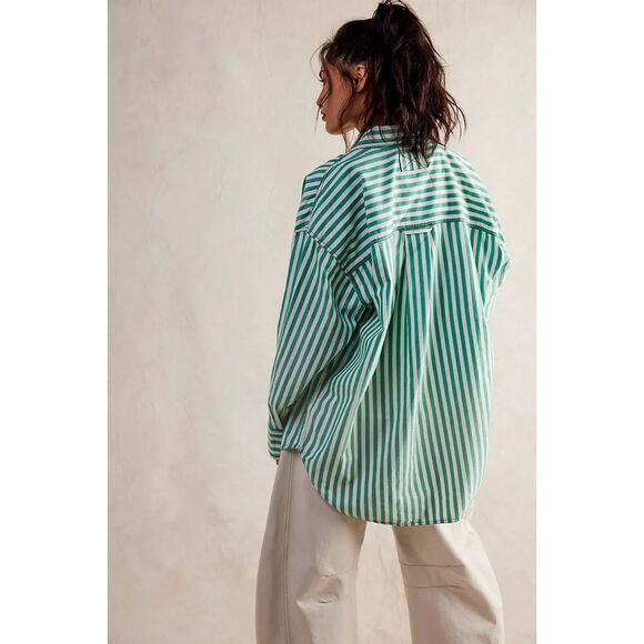 Free People We the Free Freddie Striped Shirt French Green Combo XL NEW - Picture 6 of 8